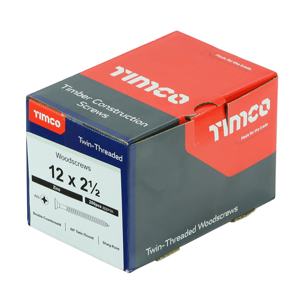 Timco Twin-Threaded Woodscrews - PZ - Double Countersunk - Zinc 12 x 2 1/2 - 200 Pieces