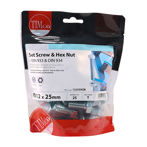 Timco Set Screws & Hex Nuts - Grade 8.8 - Zinc M12 x 25 - 25 Pieces