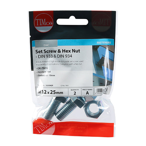 Timco Set Screws & Hex Nuts - Grade 8.8 - Zinc M12 x 25