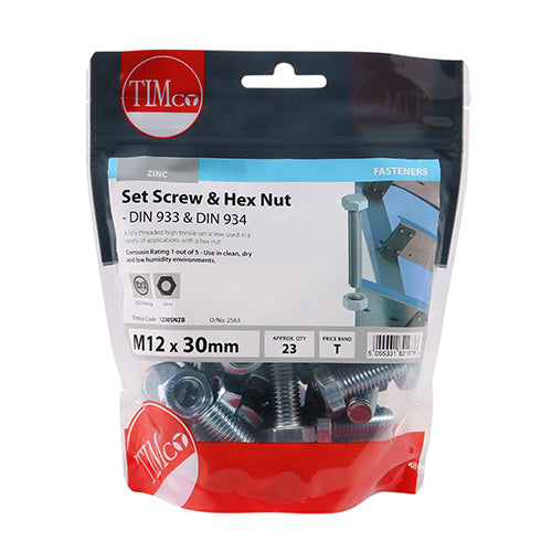 Timco Set Screws & Hex Nuts - Grade 8.8 - Zinc M12 x 30 - 23 Pieces