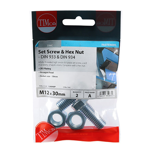 Timco Set Screws & Hex Nuts - Grade 8.8 - Zinc M12 x 30