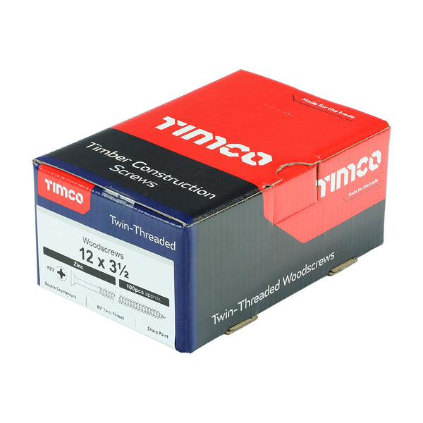Timco Twin-Threaded Woodscrews - PZ - Double Countersunk - Zinc 12 x 3 1/2 - 100 Pieces