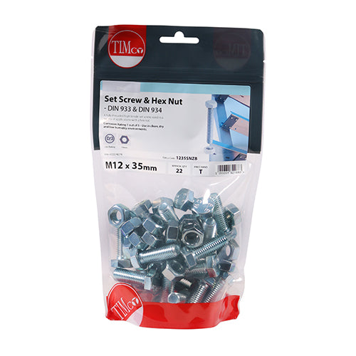 Timco Set Screws & Hex Nuts - Grade 8.8 - Zinc M12 x 35 - 22 Pieces