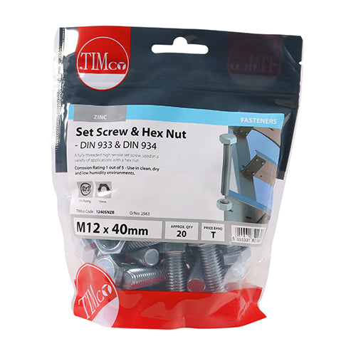 Timco Set Screws & Hex Nuts - Grade 8.8 - Zinc M12 x 40 - 20 Pieces