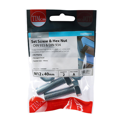 Timco Set Screws & Hex Nuts - Grade 8.8 - Zinc M12 x 40