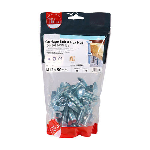 Timco Carriage Bolts & Hex Nuts - Zinc M12 x 50 - 18 Pieces