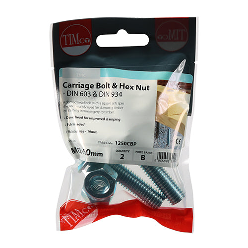 Timco Carriage Bolts & Hex Nuts - Zinc M12 x 50