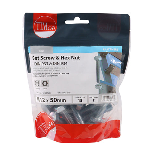 Timco Set Screws & Hex Nuts - Grade 8.8 - Zinc M12 x 50 - 18 Pieces