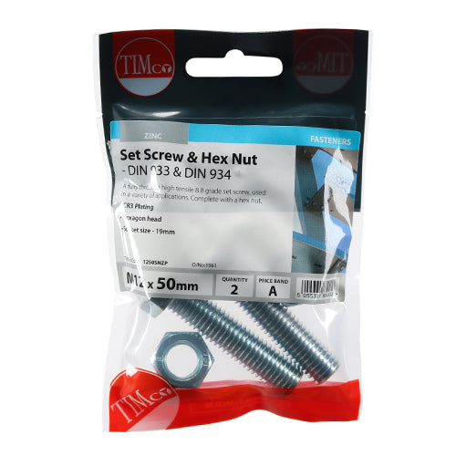 Timco Set Screws & Hex Nuts - Grade 8.8 - Zinc M12 x 50