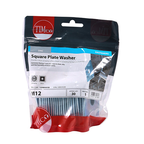 Timco Square Plate Washers - Zinc M12 x 50 x 50 x 3 - 30 Pieces
