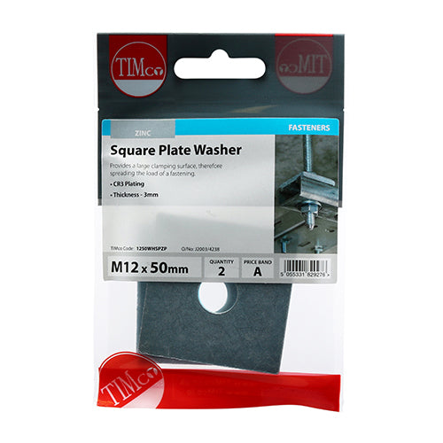 Timco Square Plate Washers - Zinc M12 x 50 x 50 x 3