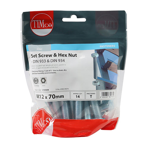 Timco Set Screws & Hex Nuts - Grade 8.8 - Zinc M12 x 70 - 14 Pieces