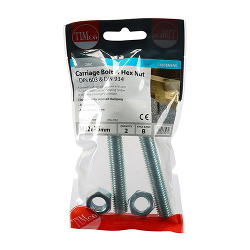 Timco Carriage Bolts & Hex Nuts - Zinc M12 x 75