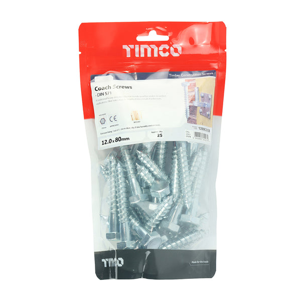 Timco Coach Screws - Hex - Zinc 12.0 x 80 - 25 Pieces