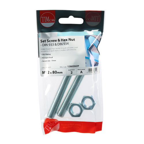 Timco Set Screws & Hex Nuts - Grade 8.8 - Zinc M12 x 80