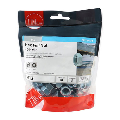 Timco Hex Full Nuts - Zinc M12 - 90 Pieces