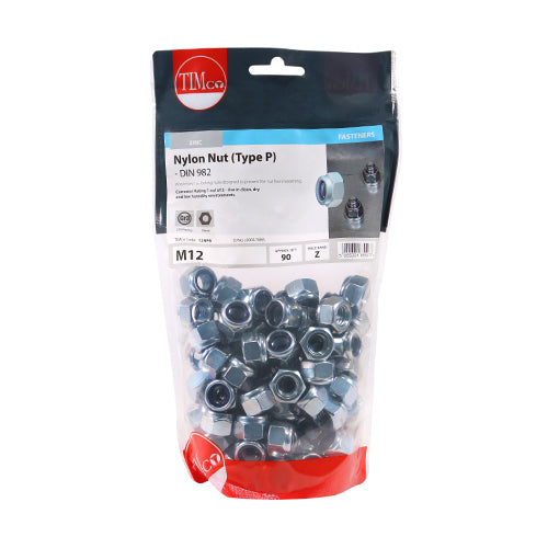 Timco Nylon Nuts - Type P - Zinc M12 - 90 Pieces