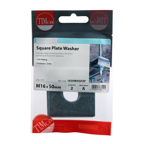 Timco Square Plate Washers - Zinc M16 x 50 x 50 x 3