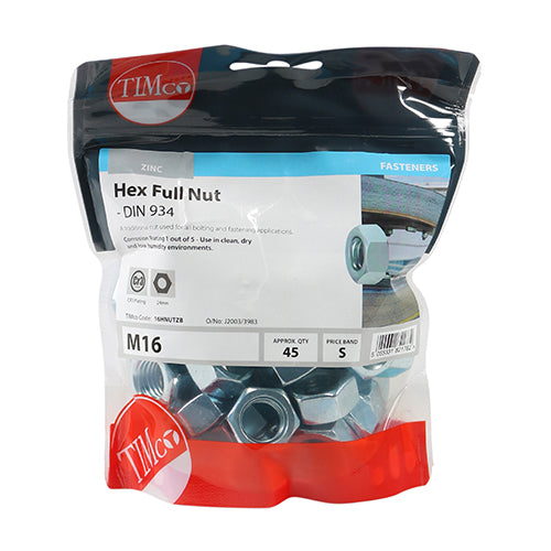 Timco Hex Full Nuts - Zinc M16 - 45 Pieces