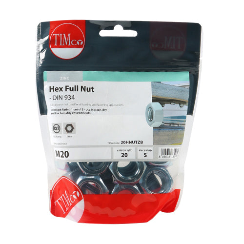 Timco Hex Full Nuts - Zinc M20 - 20 Pieces