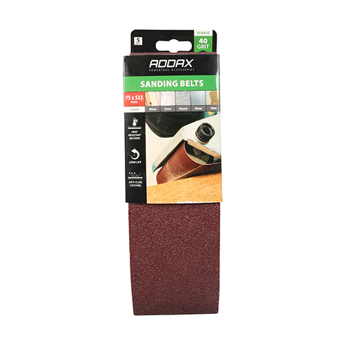 Timco Sanding Belts - 40 Grit - Red 75 x 533mm - 5 Pieces