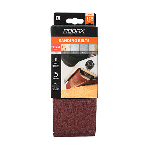 Timco Sanding Belts - 120 Grit - Red 75 x 457mm - 5 Pieces