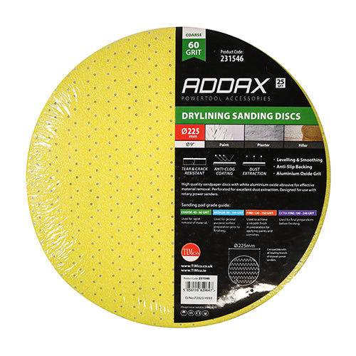 Timco Drylining Sanding Discs - 60 Grit - Yellow 225mm - 25 Pieces