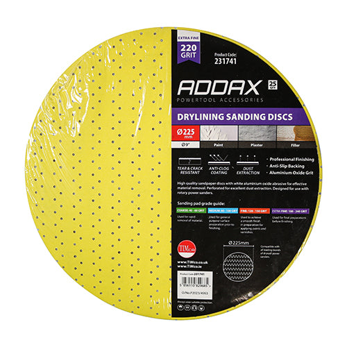 Timco Drylining Sanding Discs - 220 Grit - Yellow 225mm - 25 Pieces