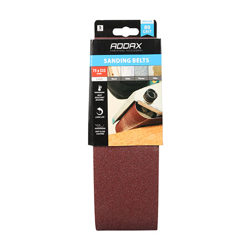 Timco Sanding Belts - 80 Grit - Red 75 x 533mm - 5 Pieces