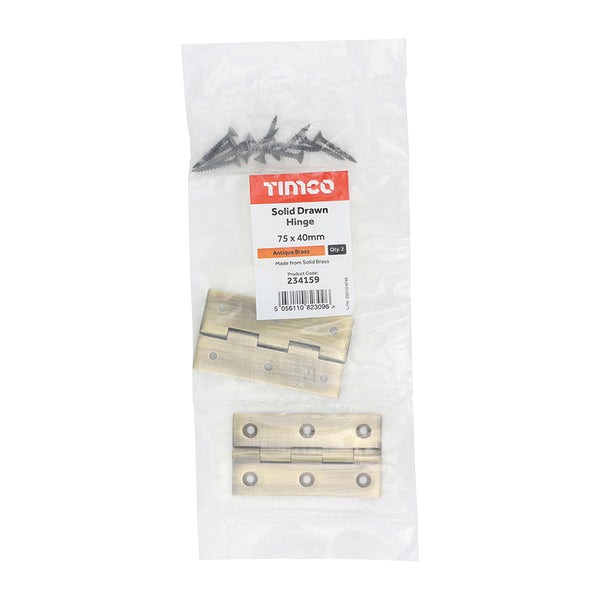 Timco Solid Drawn Hinge - Solid Brass - Antique Brass 75 x 40