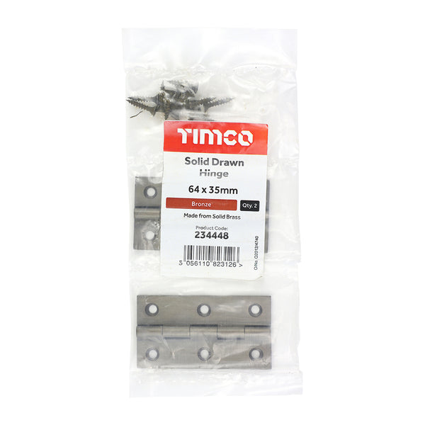 Timco Solid Drawn Hinge - Solid Brass - Bronze 64 x 35