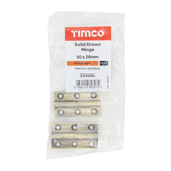 Timco Solid Drawn Hinge - Solid Brass - Antique Brass 50 x 28