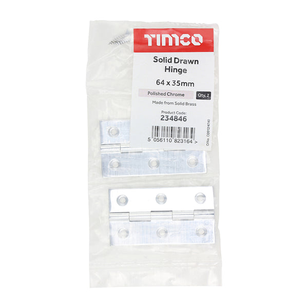 Timco Solid Drawn Hinge - Solid Brass - Polished Chrome 64 x 35