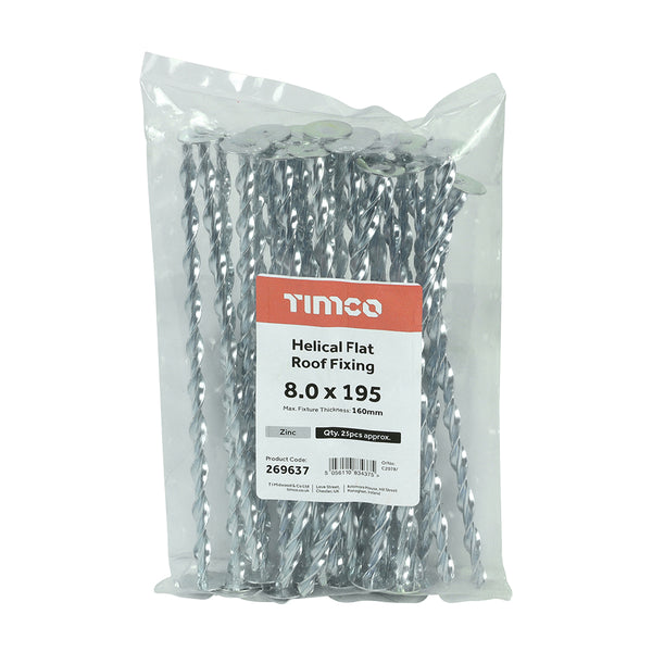 Timco Helical Flat Roof Fixing - Zinc 8.0 x 195 - 25 Pieces