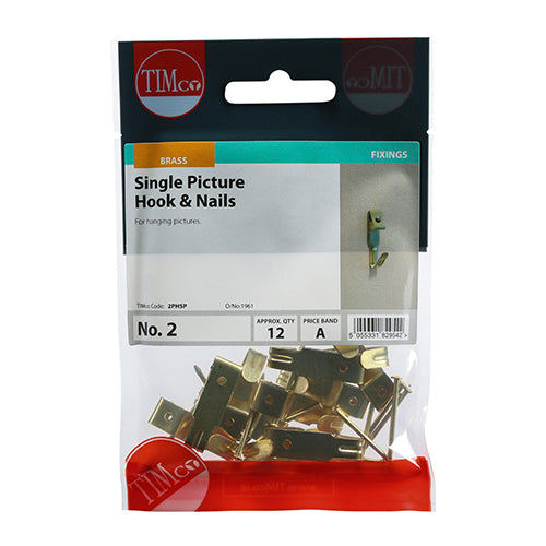 Timco Picture Hanging Hooks - Single - Electro Brass No.2 Single - 12 Pieces