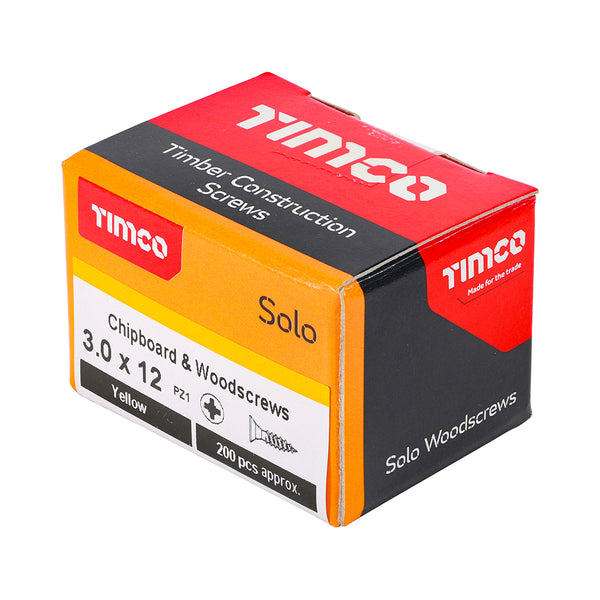 Timco Solo Chipboard & Woodscrews - PZ - Double Countersunk - Yellow 3.0 x 12 - 200 Pieces
