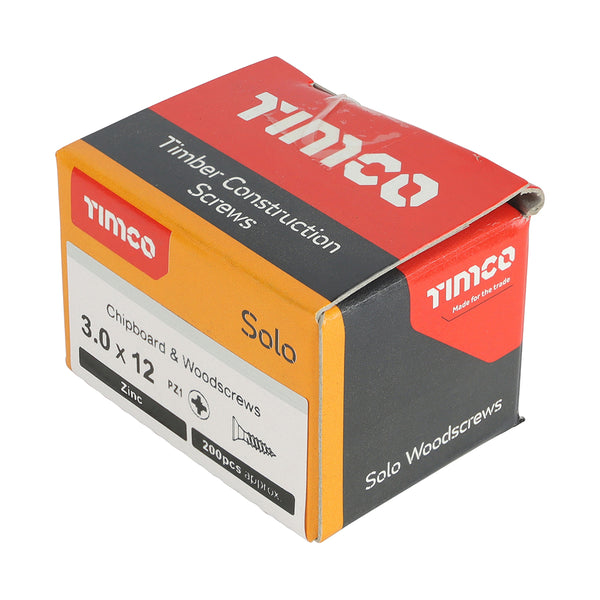 Timco Solo Chipboard & Woodscrews - PZ - Double Countersunk - Zinc 3.0 x 12 - 200 Pieces