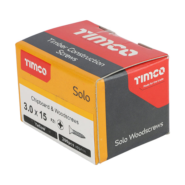 Timco Solo Chipboard & Woodscrews - PZ - Double Countersunk - Yellow 3.0 x 15 - 200 Pieces