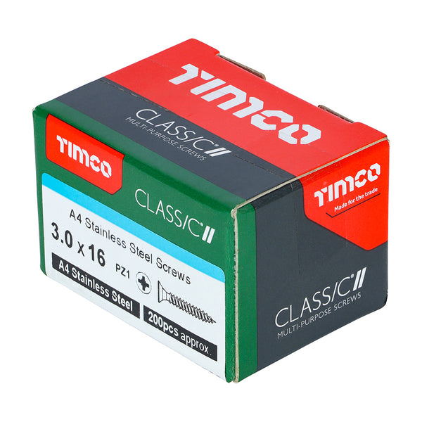 Timco Classic Multi-Purpose Screws - PZ - Double Countersunk - A4 Stainless Steel 3.0 x 16 - 200 Pieces
