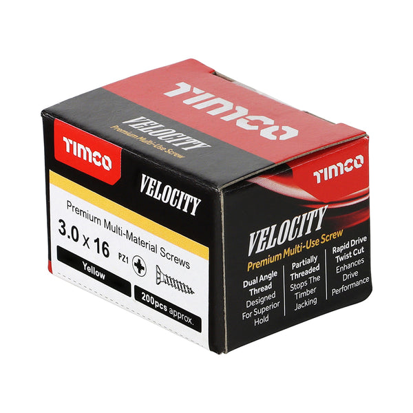 Timco Velocity Premium Multi-Use Screws - PZ - Double Countersunk - Yellow 3.0 x 16 - 200 Pieces