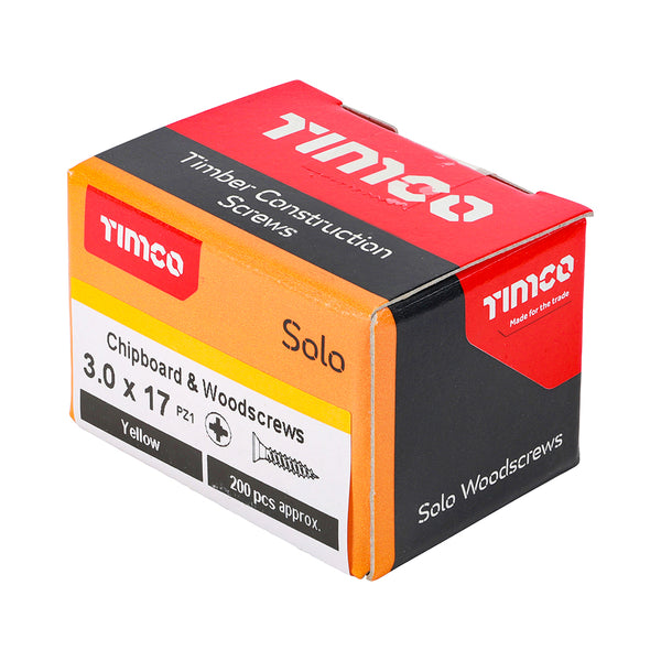 Timco Solo Chipboard & Woodscrews - PZ - Double Countersunk - Yellow 3.0 x 17 - 200 Pieces