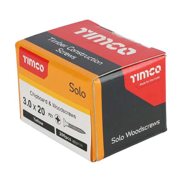 Timco Solo Chipboard & Woodscrews - PZ - Double Countersunk - Yellow 3.0 x 20 - 200 Pieces