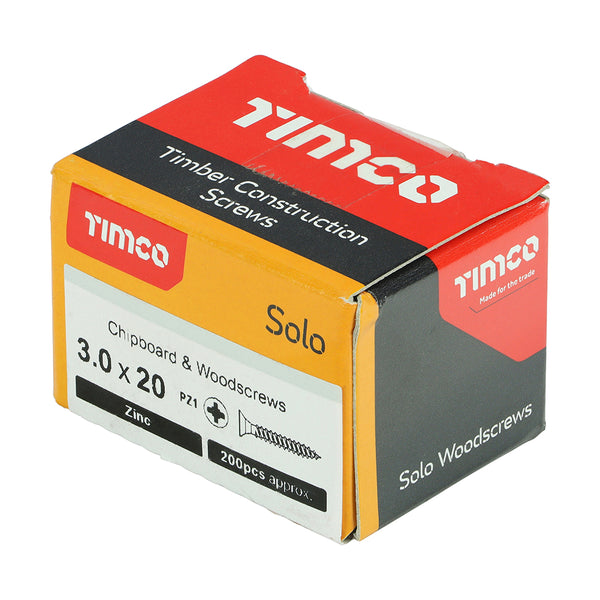 Timco Solo Chipboard & Woodscrews - PZ - Double Countersunk - Zinc 3.0 x 20 - 200 Pieces