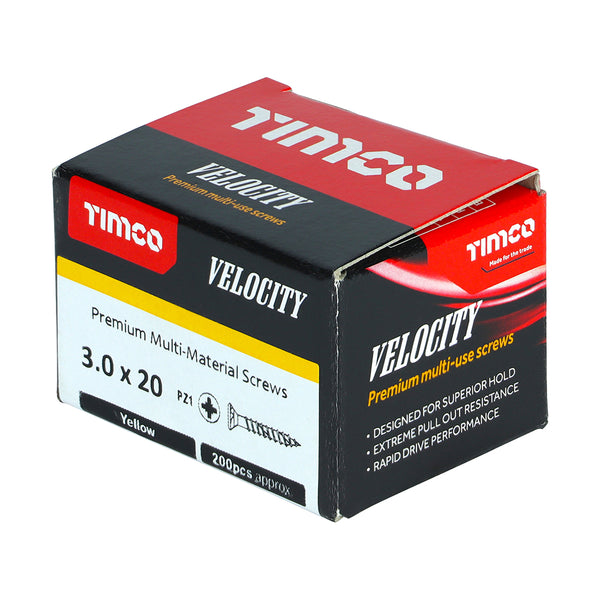 Timco Velocity Premium Multi-Use Screws - PZ - Double Countersunk - Yellow 3.0 x 20 - 200 Pieces