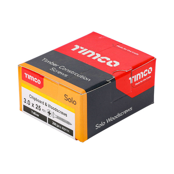 Timco Solo Chipboard & Woodscrews - PZ - Double Countersunk - Yellow 3.0 x 25 - 200 Pieces