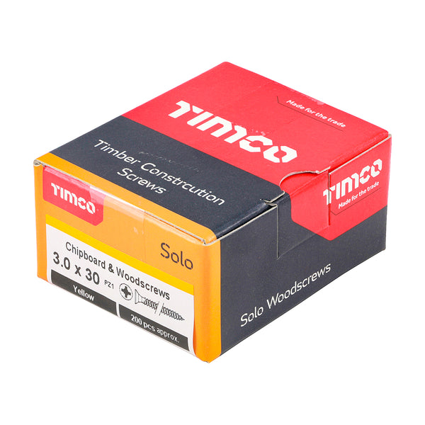 Timco Solo Chipboard & Woodscrews - PZ - Double Countersunk - Yellow 3.0 x 30 - 200 Pieces