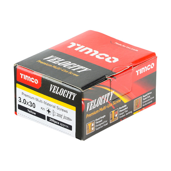 Timco Velocity Premium Multi-Use Screws - PZ - Double Countersunk - Yellow 3.0 x 30 - 200 Pieces