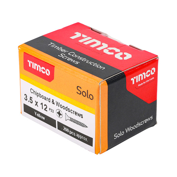 Timco Solo Chipboard & Woodscrews - PZ - Double Countersunk - Yellow 3.5 x 12 - 200 Pieces