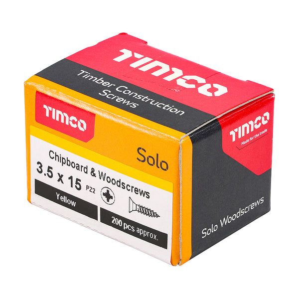 Timco Solo Chipboard & Woodscrews - PZ - Double Countersunk - Yellow 3.5 x 15 - 200 Pieces