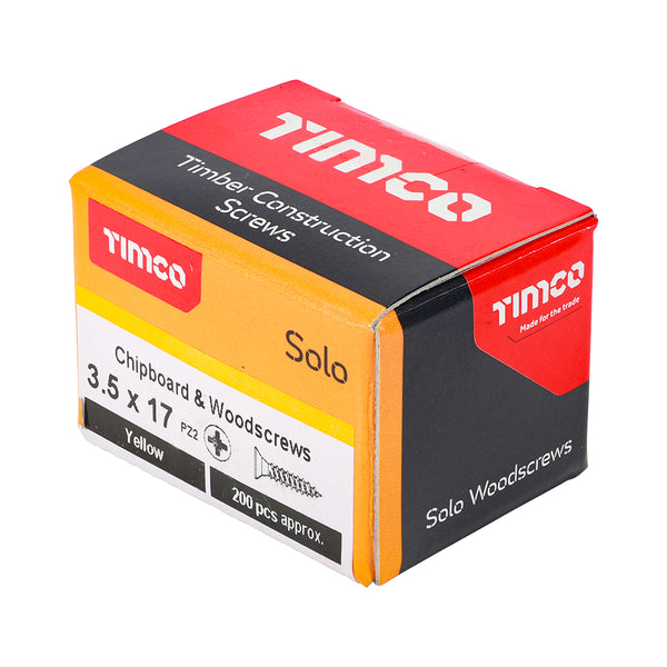 Timco Solo Chipboard & Woodscrews - PZ - Double Countersunk - Yellow 3.5 x 17 - 200 Pieces
